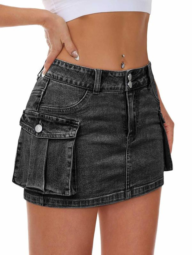 Women Denim Cargo Skirt Mini Low Waist Button Bodycon Y2K Flap Pockets Skirts