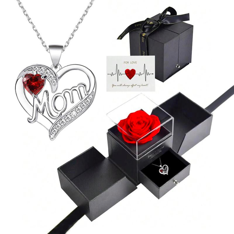 A Heart-Shaped Necklace Engraved with the Letter "Mom" and a Red Rose Gift Box for Mom, Wife, Girlfriend, Valentine'S Day, Christmas, Birthday, Anniversary Holiday Gift. the Necklace Can Be Worn for Various Occasions