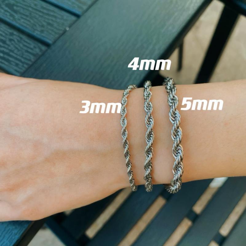 Rope Chain Bracelet for Men and Women -Stainless Steel, 3Mm, 4Mm, 5Mm Rope Chain,Chic Tone Chain Bracelet