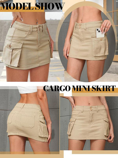 Women Denim Cargo Skirt Mini Low Waist Button Bodycon Y2K Flap Pockets Skirts