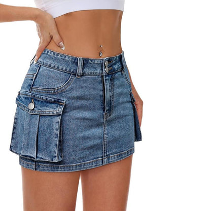 Women Denim Cargo Skirt Mini Low Waist Button Bodycon Y2K Flap Pockets Skirts