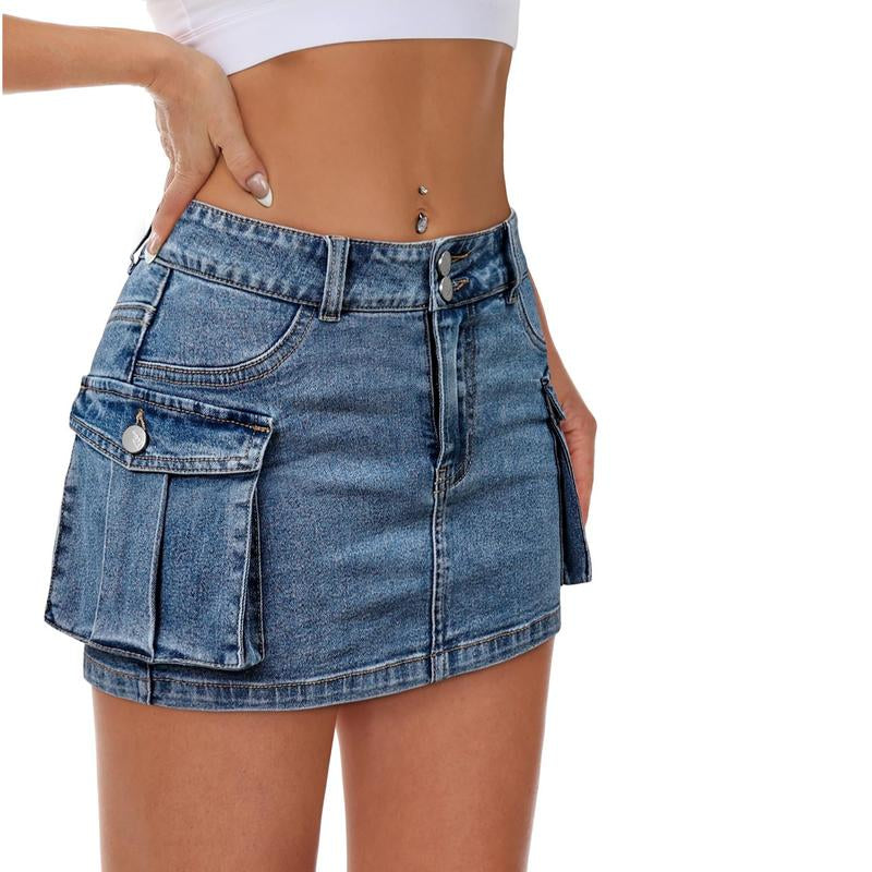 Women Denim Cargo Skirt Mini Low Waist Button Bodycon Y2K Flap Pockets Skirts