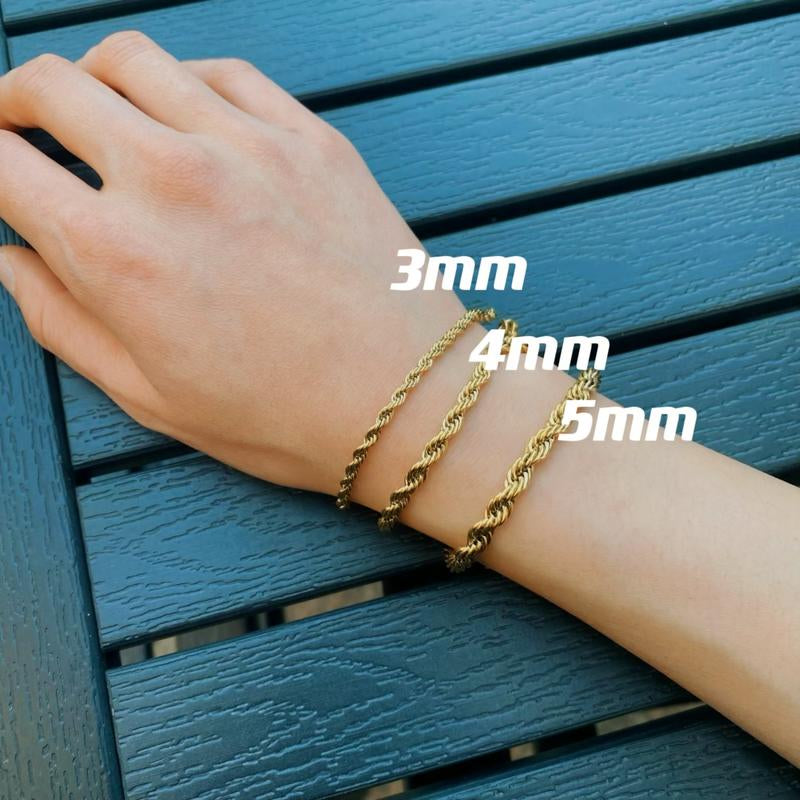 Rope Chain Bracelet for Men and Women -Stainless Steel, 3Mm, 4Mm, 5Mm Rope Chain,Chic Tone Chain Bracelet