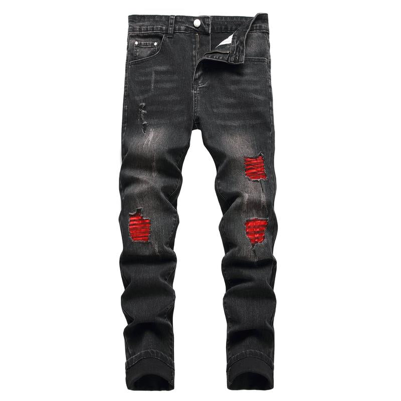 JUNBAOSS Men'S Slim Fit Stretch Jeans Colored Ripped Jeans for Men, Casual Fashion Straight Leg Comfort Flex Waist Skinny Denim Pants, Menswear Trouser Streetwear Motocross Jeans with Plain Pockets