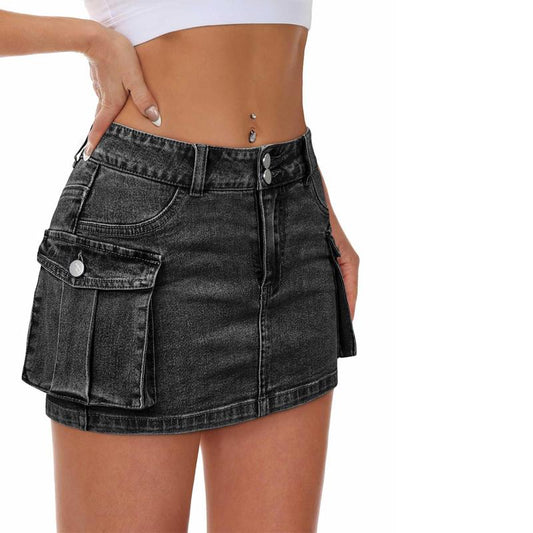 Women Denim Cargo Skirt Mini Low Waist Button Bodycon Y2K Flap Pockets Skirts