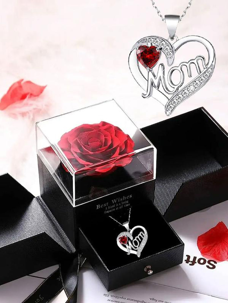 A Heart-Shaped Necklace Engraved with the Letter "Mom" and a Red Rose Gift Box for Mom, Wife, Girlfriend, Valentine'S Day, Christmas, Birthday, Anniversary Holiday Gift. the Necklace Can Be Worn for Various Occasions